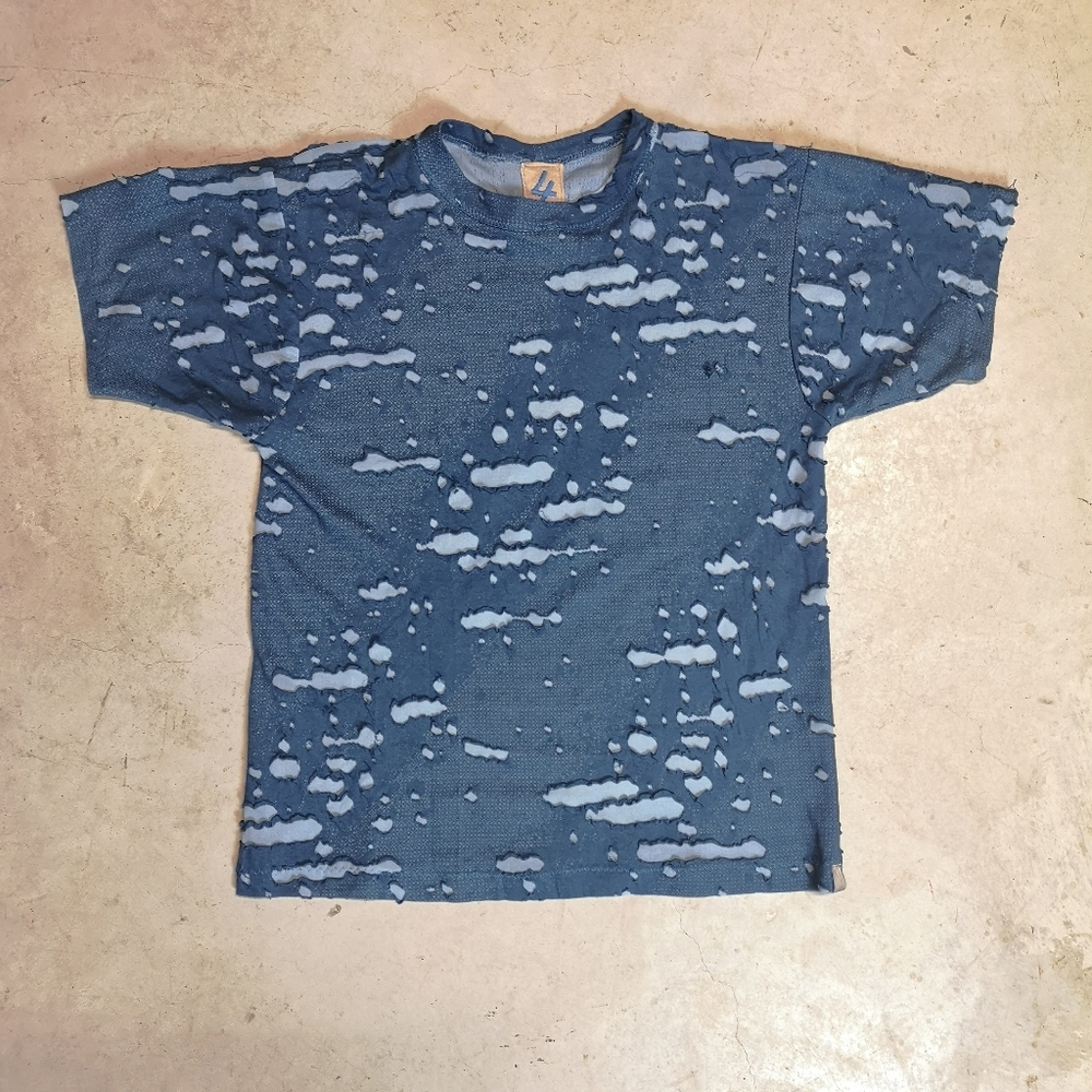 "WOUND TEE" sky blue lightweight cotton/spandex knit designer distressed dryfit